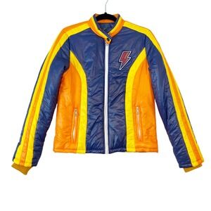 MOTHER The High‎ Flyer Puffer Jacket Sz M Retro Racing Moto Colorblock Bolt